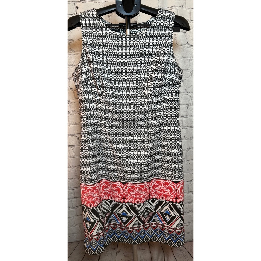 Mario Serrani Italy Womens 14 Geometric Tribal Print Sheath Dress Black Red Blue